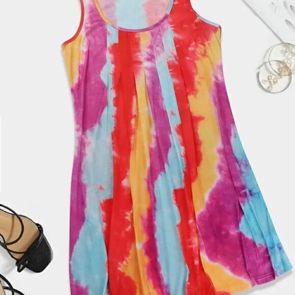 NEW! Bright Boho Tie Dyed Tank Style Pleated Summer Dress - Picture 3 of 7